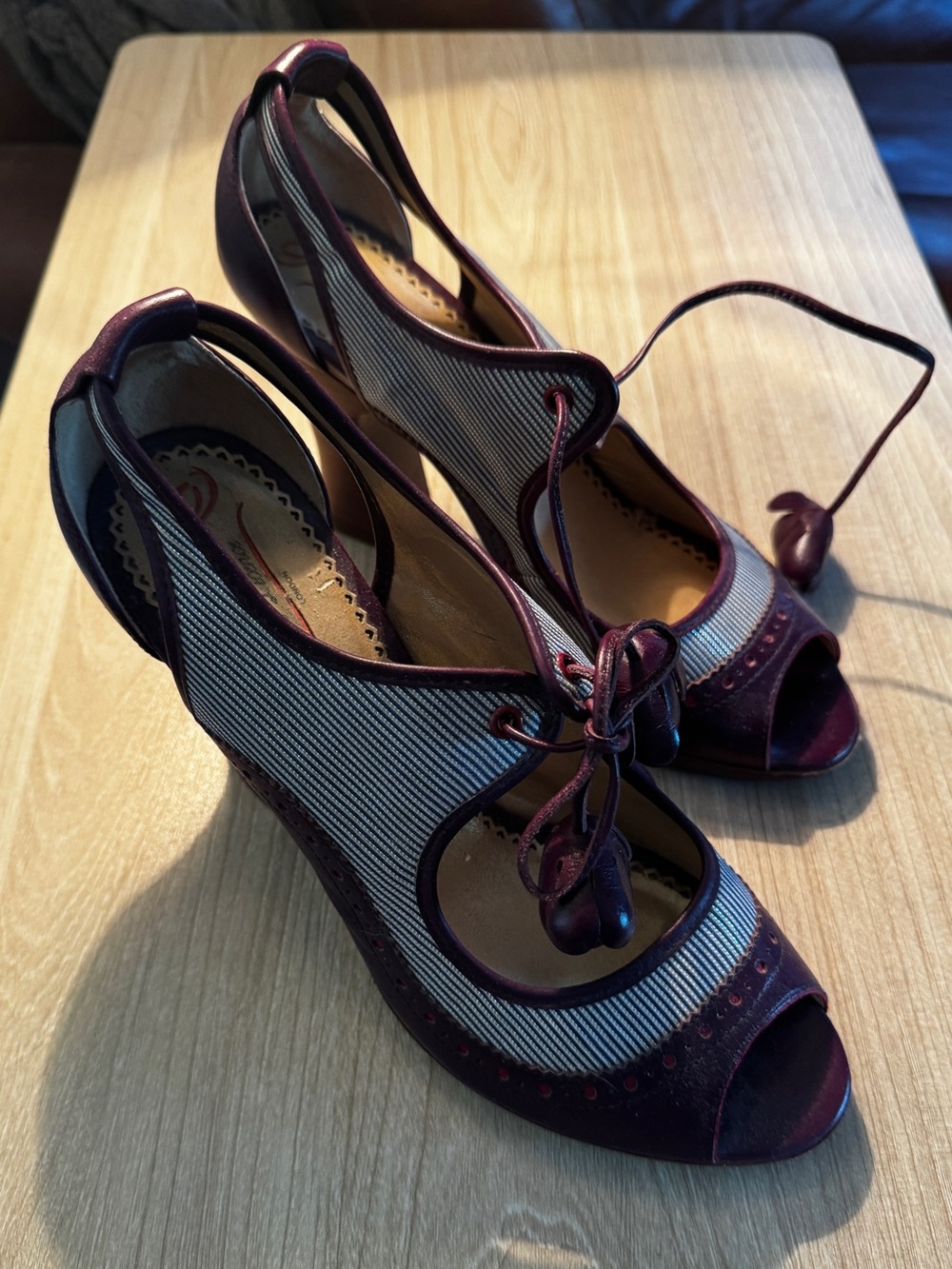 Burgundy and White Peep-Toe Lace-Up Heels by Poetic Licence